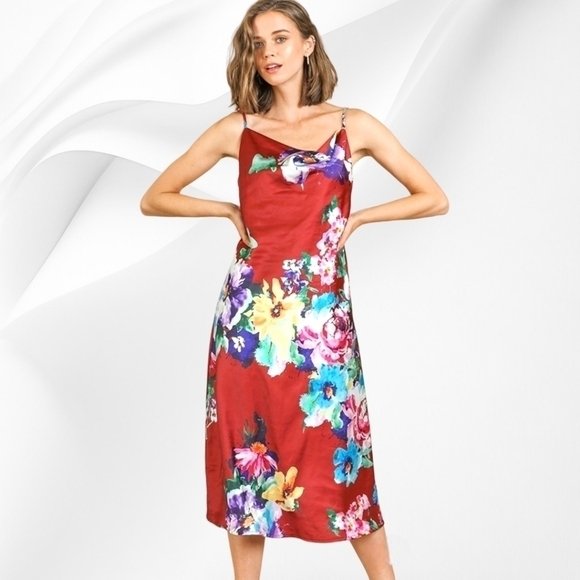 UMGEE - Raspberry Mix (Red) Floral Print Sleeveless Cowl Neck Midi Slip Dress - Picture 2 of 2